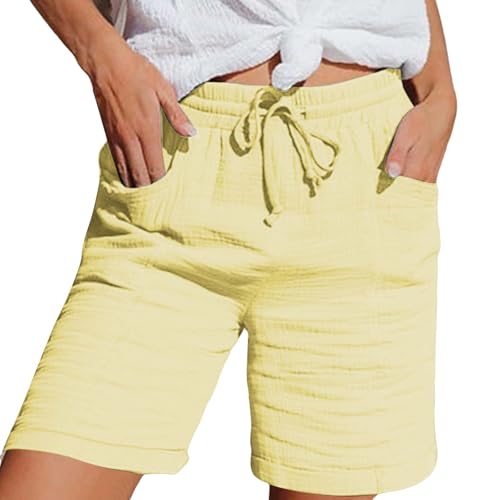 Nuoke Musselin Hose Damen Musselin Kurze Hose Damen 2025 Sommerhose Leicht Sommer Leinen Shorts Beach Hosen Mit Taschen Stoffhose Kleid Stretch Gerades Bein Kordelzug Leinenhose Bluse Capri Gelb XXL von Nuoke