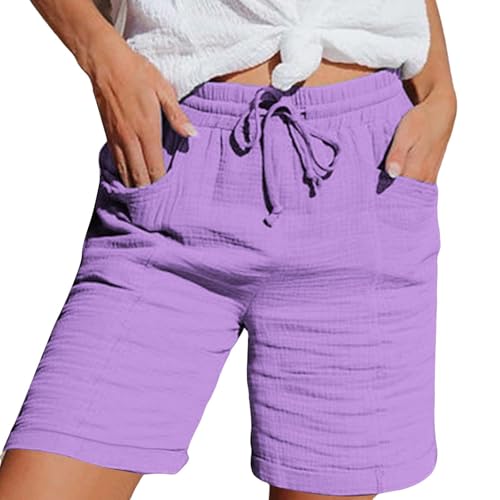 Nuoke Musselin Hose Damen Musselin Kurze Hose Damen 2025 Sommerhose Leicht Sommer Leinen Shorts Beach Hosen Mit Taschen Stoffhose Kleid Stretch Gerades Bein Kordelzug Leinenhose Bluse Capri Lila XXL von Nuoke