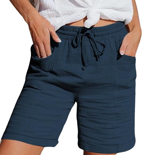 Nuoke Musselin Hose Damen Musselin Kurze Hose Damen 2025 Sommerhose Leicht Sommer Leinen Shorts Beach Hosen Mit Taschen Stoffhose Kleid Stretch Gerades Bein Kordelzug Leinenhose Bluse Capri Marine M von Nuoke