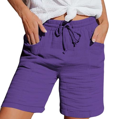 Nuoke Shorts Damen Musselin Kurze Hose Damen 2025 Sommerhose Leicht Sommer Leinen Shorts Beach Hosen Mit Taschen Stoffhose Kleid Stretch Gerades Bein Kordelzug Leinenhose Bluse Capri Dunkelblau XXL von Nuoke