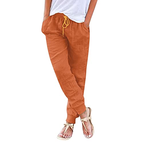 Nuoke Sommerhose Damen,Leinenhose Damen Sommerhose Leicht Sommer Stoffhose Freizeithose Strandhose Einfarbig Locker Bequeme Chino Musselin Hose (C-YE2, XL) von Nuoke