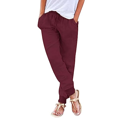 Nuoke Sommerhose Damen,Leinenhose Damen Sommerhose Leicht Sommer Stoffhose Freizeithose Strandhose Einfarbig Locker Bequeme Chino Musselin Hose (D-RD1, L) von Nuoke