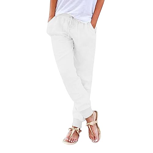 Nuoke Sommerhose Damen,Leinenhose Damen Sommerhose Leicht Sommer Stoffhose Freizeithose Strandhose Einfarbig Locker Bequeme Chino Musselin Hose (D-White, S) von Nuoke