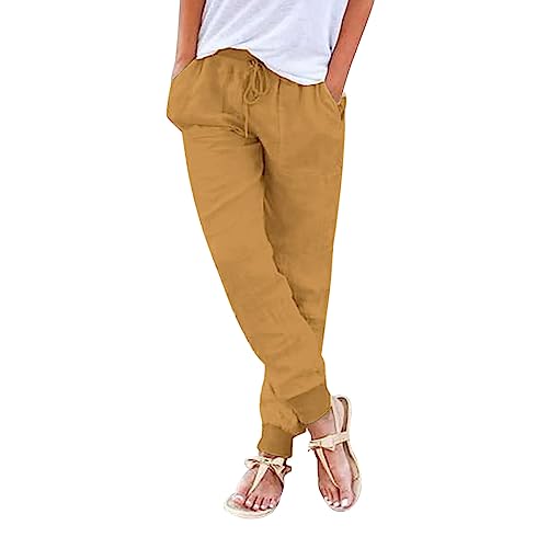 Nuoke Sommerhose Damen Leicht,Leinenhose Damen Sommerhose Leicht Sommer Stoffhose Freizeithose Strandhose Einfarbig Locker Bequeme Chino Musselin Hose (D-Yellow, L) von Nuoke