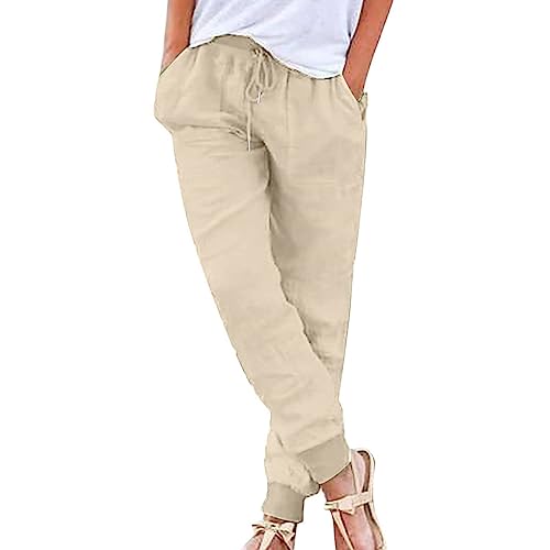 Nuoke Stoffhose Damen,Leinenhose Damen Sommerhose Leicht Sommer Stoffhose Freizeithose Strandhose Einfarbig Locker Bequeme Chino Musselin Hose (A-Beige, M) von Nuoke