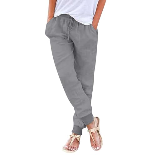Nuoke Stoffhose Damen,Leinenhose Damen Sommerhose Leicht Sommer Stoffhose Freizeithose Strandhose Einfarbig Locker Bequeme Chino Musselin Hose (A-Grey, XXL) von Nuoke