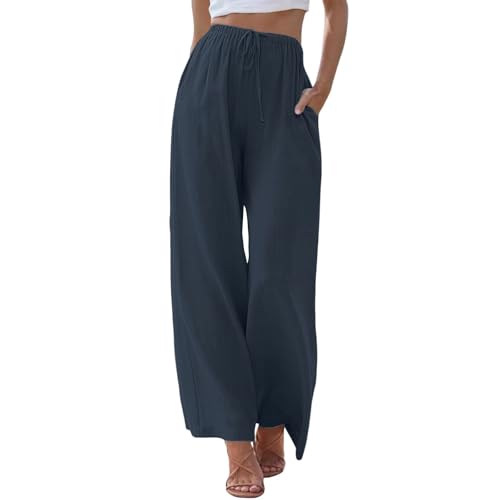 Nuoke Stoffhose Damen Sommer, Damen Hose Leinenhose Baumwolle Leinen Stoffhose Freizeithose Sommerhose Pumphose Casual Einfarbig High Waist Stretch mit Taschen Kleidung Sommer Hosen, Dunkelgrau L von Nuoke
