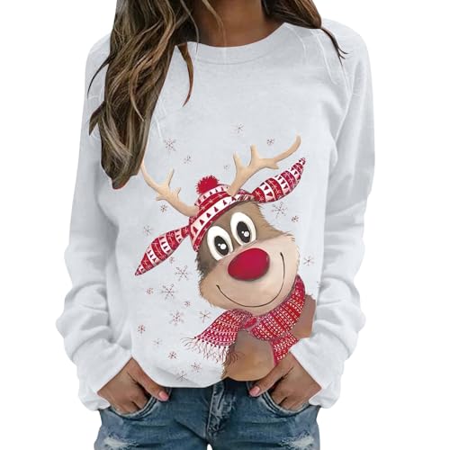 Nuoke Weihnachtspullover Damen, Weihnachtspullover Damen Lustige Weihnachten Ugly Christmas Sweatshirt Baumwolle Pulli Herbst Winter Sweater Weihnachtskostüm weihnachtskleid, Weiß XL von Nuoke