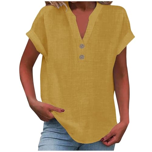 Shirt Damen, musselin Bluse Damen 2025 Frauen Sommer Tshirt Baumwolle Leinen Cap Sleeve T-Shirt Knopf V-Ausschnitt Tunika Tops Mode Baggy Solid Plain Casual Tshirts Trendy Bluse gelbbraun XXL Shirt Damen, musselin Bluse Damen 2025 Frauen Sommer Tshirt Baumwolle Leinen Cap Sleeve T-Shirt Knopf V-Ausschnitt Tunika Tops Mode Baggy Solid Plain Casual Tshirts Trendy Bluse gelbbraun XXL von Nuoke