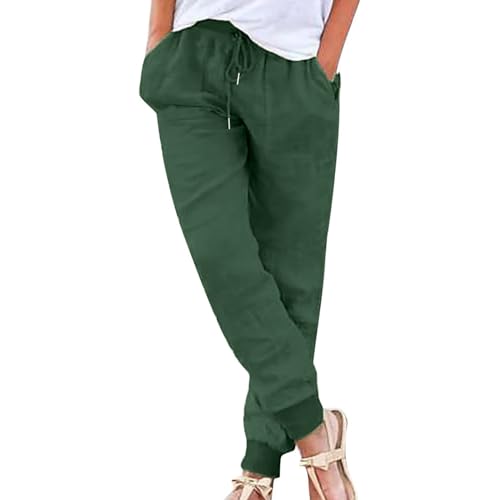 Stoffhose Damen,Leinenhose Damen Sommerhose Leicht Sommer Stoffhose Freizeithose Strandhose Einfarbig Locker Bequeme Chino Musselin Hose (A-Green, M) von Nuoke