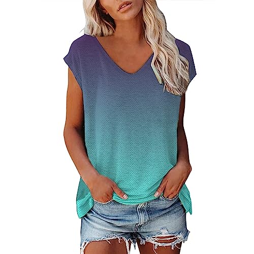 Tshirt Damen, Sommer T-Shirt Oberteile T-Shirts Für Damen Baumwoll Ombré-Farbverlauf Basic Sport Top Kurzarm Elegant Freizeit V Ausschnitt Oversize Shirt von Nuoke