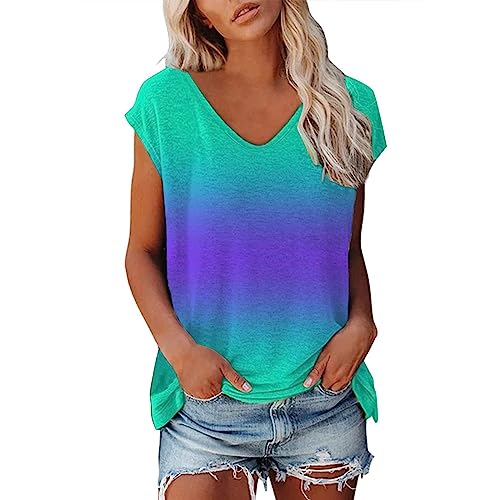 Tshirt Damen, Sommer T-Shirt Oberteile T-Shirts Für Damen Baumwoll Ombré-Farbverlauf Basic Sport Top Kurzarm Elegant Freizeit V Ausschnitt Oversize Shirt von Nuoke