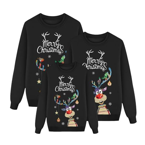 Weihnachtsbluse Damen, Weihnachtspullover Familie Set Herren Ugly Christmas Sweater Sweatshirt Weihnachtspulli Winter Herbst Pullover Mit Weihnachts Oversize Hoodie Weihnachtsoutfit, Schwarz XXL von Nuoke