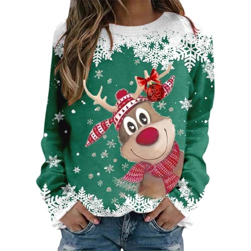 Weihnachtspullover Damen Lustige Weihnachten Ugly Christmas Sweatshirt Baumwolle Pulli Herbst Winter Sweater Weihnachtskostüm weihnachtskleid, Grün XL von Nuoke