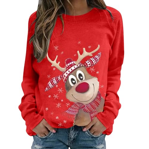 Weihnachtspullover Damen Lustige Weihnachten Ugly Christmas Sweatshirt Baumwolle Pulli Herbst Winter Sweater Weihnachtskostüm weihnachtskleid, Rot XXL von Nuoke