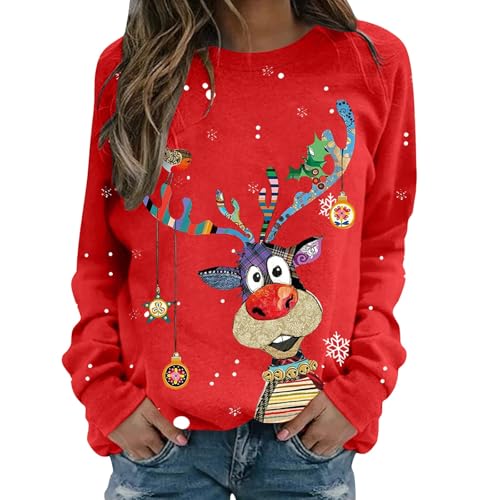 hässliche Weihnachtspullover, Weihnachtspullover Damen Lustige Weihnachten Ugly Christmas Sweatshirt Baumwolle Pulli Herbst Winter Sweater Weihnachtskostüm weihnachtskleid, Rot XL von Nuoke