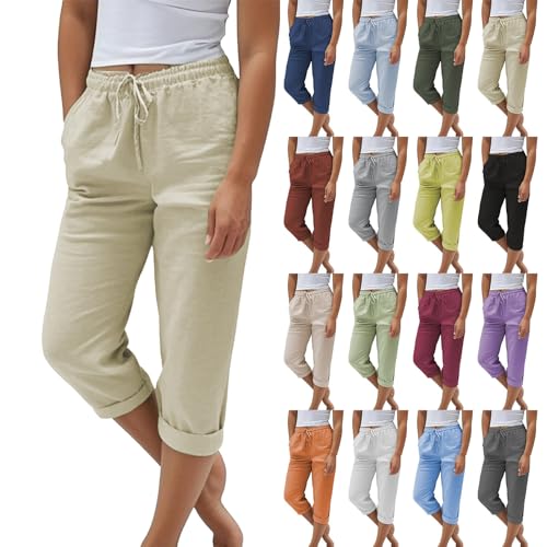 kurze hosen damen sommer, Sommerhose Damen Leicht Sommer Leinen Shorts 2025 Musselin Kurze Hose Beach Hosen Mit Taschen Stoffhose Kleid Stretch Gerades Bein Kordelzug Leinenhose Bluse, khaki XXL von Nuoke