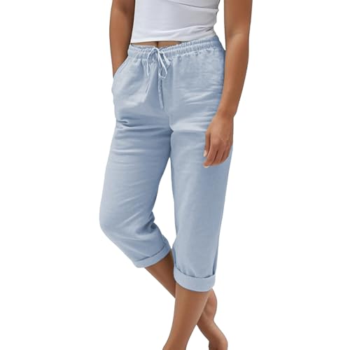 sommerhose damen leicht, Sommerhose Damen Leicht Sommer Leinen Shorts 2025 Musselin Kurze Hose Beach Hosen Mit Taschen Stoffhose Kleid Stretch Gerades Bein Kordelzug Leinenhose Bluse, hellblau XXL von Nuoke