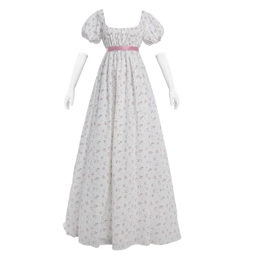 Nuoqi Damen Regency Kleid Schärpe Rüschen Empire Taille Regency Era Kleid Jane Austen Tea Party Ballkleid, Weiß/Rosa Blumenmuster, X-Groß von Nuoqi