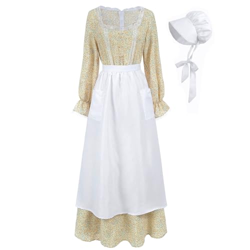 Nuoqi Frauen Prärie Kleid American Colonial Pionier Kleid Erwachsene Historische 1800er Jahre Amish Kleid, 129 Gelb, Mittel von Nuoqi