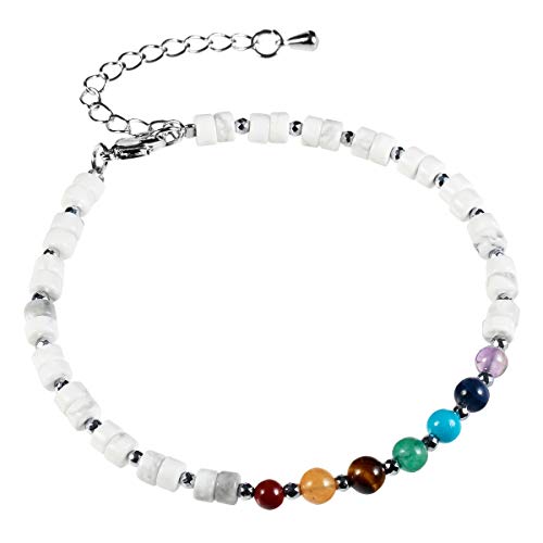 Nupuyai 4mm 7 Chakren Perlen Armband Fußkettchen Bunt Heilende Weißes Howlite Türkis Freundschaftsarmband Verstellbare Yoga Armketten für Paare Schutz Schmuck Damen von Nupuyai