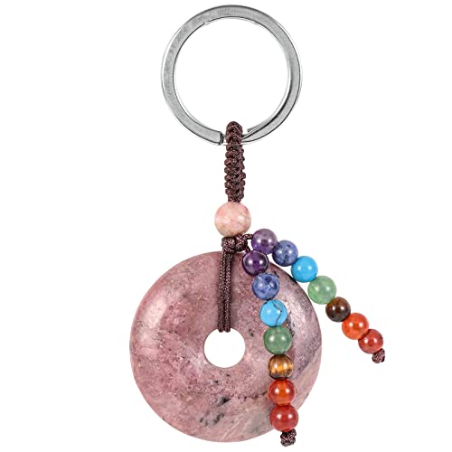 Nupuyai Donut Kristall Schlüsselanhänger mit 7 Chakra Stein Perlen Quaste Schlüsselring, Runde Stein Anhänger Schlüsselbund für Auto Schlüssel Taschenanhänger Glücksbringer Amulett von Nupuyai
