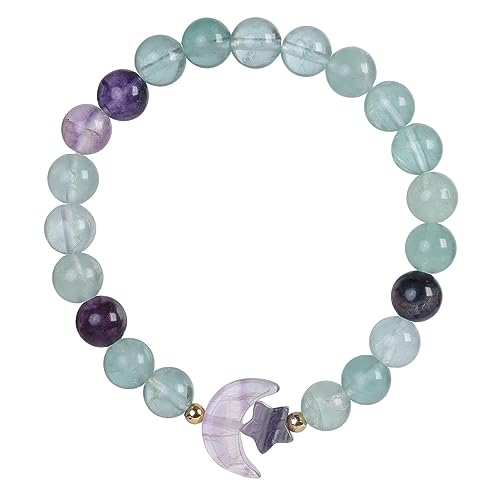 Nupuyai Geschnitzter Mond Stern Kristall Stein Armband für Damen, 8mm Runde Perlen Stretch Armband Glücksbringer von Nupuyai