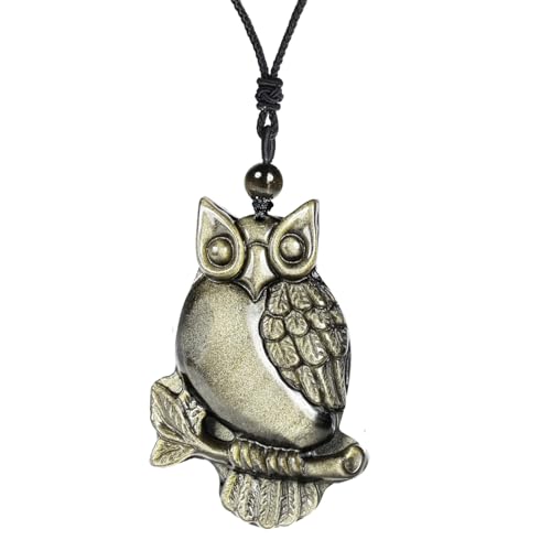 Nupuyai Goldener Obsidian Stein Kette Herren Damen Gravierter Kristall Stein Anhänger Echt Amulett Glücksbringer Reiki Schmuck(Eulen) von Nupuyai