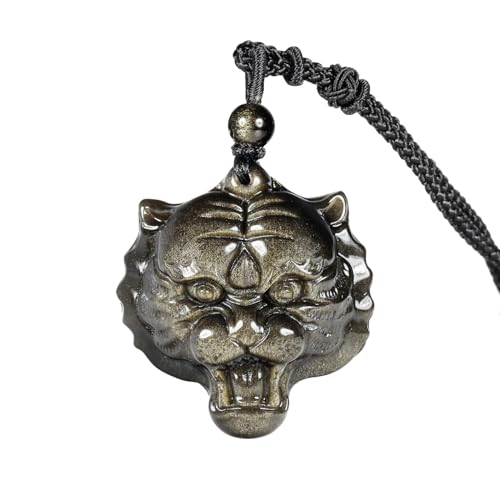 Nupuyai Goldener Obsidian Stein Kette Herren Damen Gravierter Kristall Stein Anhänger Echt Amulett Glücksbringer Reiki Schmuck(Tigerkopf) von Nupuyai