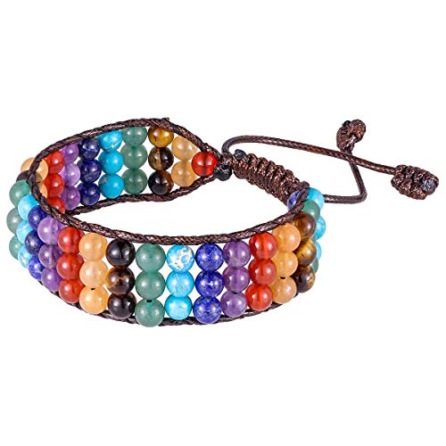 Nupuyai Heilung Kristall 7 Chakra Stein 3-Lagiger Kugel Armband für Frauen und Männer, Verstellbarer Freundschaftsarmreif für Unisex von Nupuyai