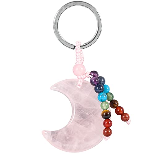 Nupuyai Kristall Mond Schlüsselanhänger mit 7 Chakra Stein Perlen Quaste Schlüsselring für Damen und Herren Halbmond Anhänger Schlüsselbund Taschenanhänger Glücksbringer Talisman Rosenquarz von Nupuyai
