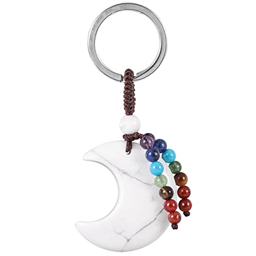 Nupuyai Kristall Mond Schlüsselanhänger mit 7 Chakra Stein Perlen Quaste Schlüsselring für Damen und Herren Halbmond Anhänger Schlüsselbund Taschenanhänger Glücksbringer Talisman Weiß Howlith Türkis von Nupuyai