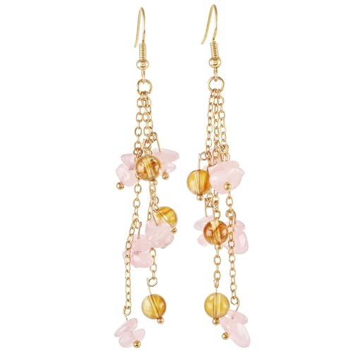 Nupuyai Kristall Ohrringe Hängend Gold für Damen Trommelsteine Tropfen Quaste Baumeln Ohrringe Fischhaken Ohrhänger Reiki Stein Schmuck von Nupuyai