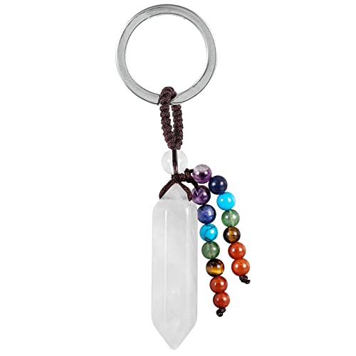 Nupuyai Kristall Schlüsselanhänger Hexagon Edelstein Anhänger Schlüsselbund mit Chakra Steine Perlen Quaste, Schlüsselring Taschenanhänger Glücksbringer Amulett, Bergkristall von Nupuyai