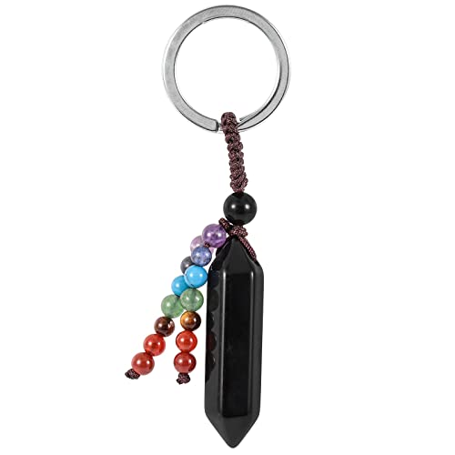 Nupuyai Kristall Schlüsselanhänger Hexagon Edelstein Anhänger Schlüsselbund mit Chakra Steine Perlen Quaste, Schlüsselring Taschenanhänger Glücksbringer Amulett, Schwarzer Obsidian von Nupuyai