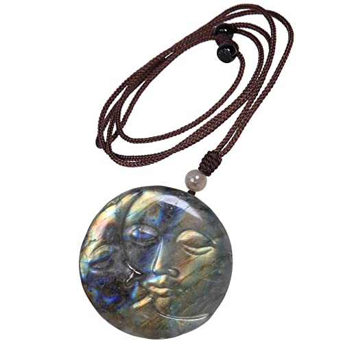 Nupuyai Labradorit Stein Sonne Anhänger Kette für Damen und Herren, Kristall Edelstein Mond und Sonne Halskette Heilstein Glücksbringer Amulett Meditation Reiki Schmuck von Nupuyai