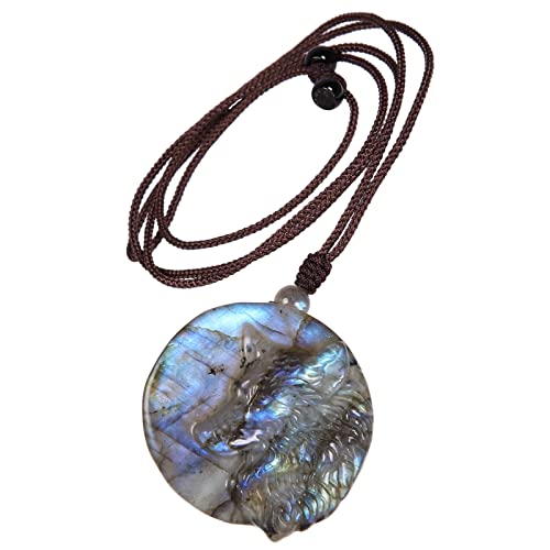 Nupuyai Labradorit Stein Anhänger Wolfe Kette für Damen und Herren, Kristall Edelstein Wolfe Halskette Heilstein Glücksbringer Amulett Meditation Reiki Schmuck von Nupuyai