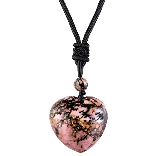 Nupuyai Rhodonit Kristall Herz Kette für Damen, Liebe Herzstein Anhänger Edelstein Heilstein Halskette Glückskette Reiki Schmuck Geschenk von Nupuyai