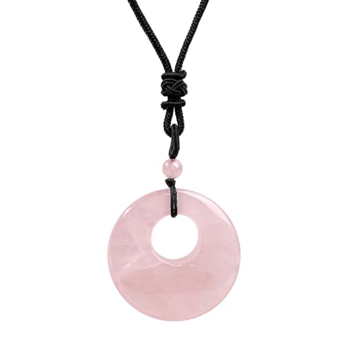 Nupuyai Rosenquarz Donut Edelstein Anhänger Kette für Damen Männer, 40mm Kristall Heilstein Halskette Glücksbringer Reiki Schmuck Geschenk für Meditation Chakra von Nupuyai