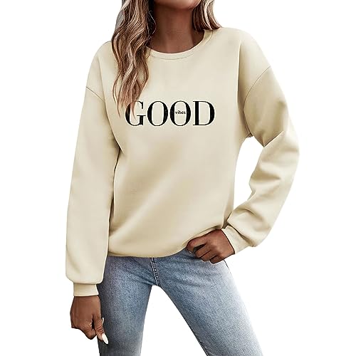Langarmshirt Hellblaue Bluse Hemdbluse,Pullover Damen Sweatshirt Briefe Drucken Langarm Rundhals Pulli Herbst Winter Frauen Buchstaben Druck Locker Casual Oberteil Sport Streetwear Tops Beige S von Nuqqichongtian