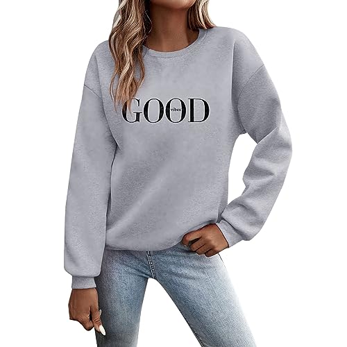 Langarmshirt Hellblaue Bluse Hemdbluse,Pullover Damen Sweatshirt Briefe Drucken Langarm Rundhals Pulli Herbst Winter Frauen Buchstaben Druck Locker Casual Oberteil Sport Streetwear Tops Grey XXL von Nuqqichongtian