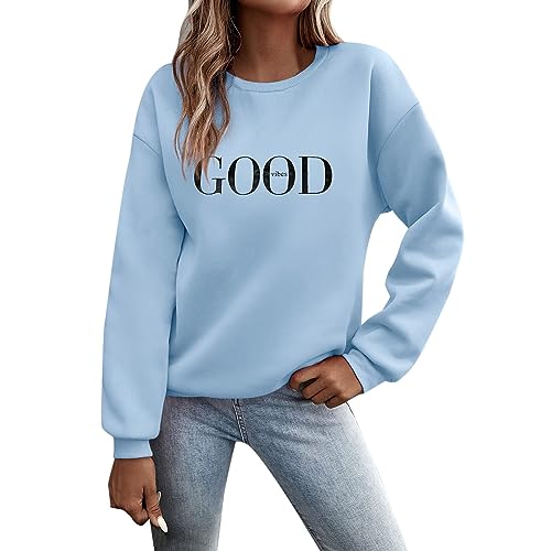 Langarmshirt Hellblaue Bluse Hemdbluse,Pullover Damen Sweatshirt Briefe Drucken Langarm Rundhals Pulli Herbst Winter Frauen Buchstaben Druck Locker Casual Oberteil Sport Streetwear Tops Light Blue L von Nuqqichongtian