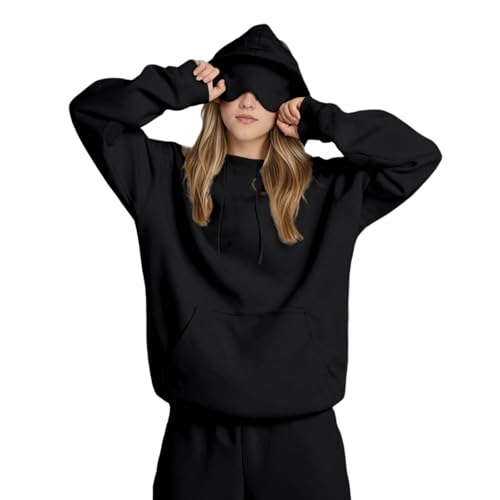 Nuqqichongtian Sweatjacke Damen Lang Pullover Jogging,Hoodie with Eye Mask Built In Comfrt Airplane Mode Travel Hoodie Fashion Hidden Pockets Sweatshirt Pullover Wearable Blanket Hoodie Black XXL von Nuqqichongtian
