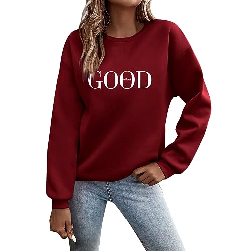 Pulli Bekleidung Sweater Kapuzenpullover,Pullover Damen Sweatshirt Briefe Drucken Langarm Rundhals Pulli Herbst Winter Frauen Buchstaben Druck Locker Casual Oberteil Sport Streetwear Tops Wine XL von Nuqqichongtian