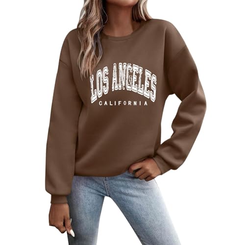 Pullover Sweatshirt Damen Hoodie Kleidung,Pullover Damen Sweatshirt Briefe Drucken Langarm Rundhals Pulli Herbst Winter Frauen Buchstaben Druck Locker Casual Oberteil Sport Streetwear Tops Brown XXL von Nuqqichongtian