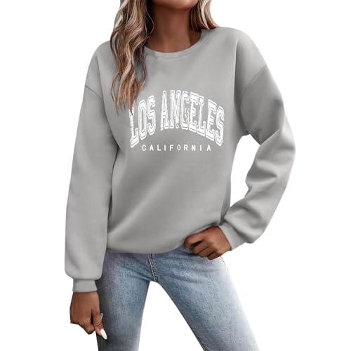 Pullover Sweatshirt Damen Hoodie Kleidung,Pullover Damen Sweatshirt Briefe Drucken Langarm Rundhals Pulli Herbst Winter Frauen Buchstaben Druck Locker Casual Oberteil Sport Streetwear Tops Grey L von Nuqqichongtian