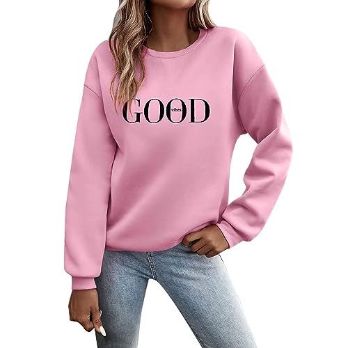 Sport Winterpullover Damenpullover Langarm,Pullover Damen Sweatshirt Briefe Drucken Langarm Rundhals Pulli Herbst Winter Frauen Buchstaben Druck Locker Casual Oberteil Sport Streetwear Tops Pink XL von Nuqqichongtian
