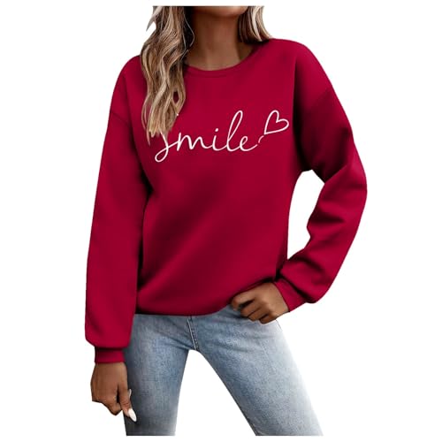 Sport Winterpullover Damenpullover Langarm,Pullover Damen Sweatshirt Briefe Drucken Langarm Rundhals Pulli Herbst Winter Frauen Buchstaben Druck Locker Casual Oberteil Sport Streetwear Tops Red M von Nuqqichongtian