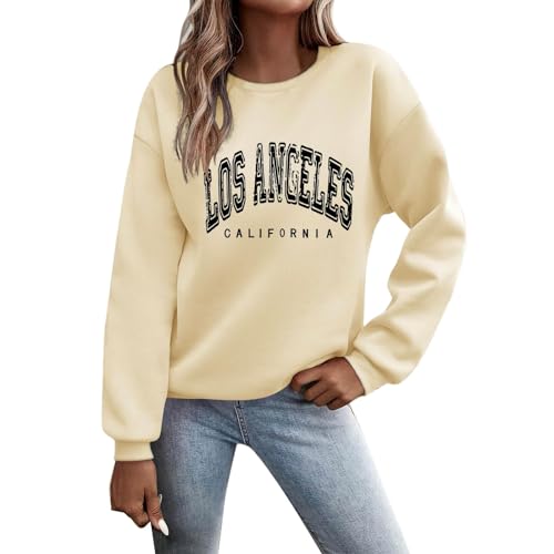 Sweatshirt Oversized Teenager Mädchen,Pullover Damen Sweatshirt Briefe Drucken Langarm Rundhals Pulli Herbst Winter Frauen Buchstaben Druck Locker Casual Oberteil Sport Streetwear Tops Beige XXL von Nuqqichongtian