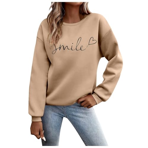 Sweatshirt Oversized Teenager Mädchen,Pullover Damen Sweatshirt Briefe Drucken Langarm Rundhals Pulli Herbst Winter Frauen Buchstaben Druck Locker Casual Oberteil Sport Streetwear Tops Khaki M von Nuqqichongtian